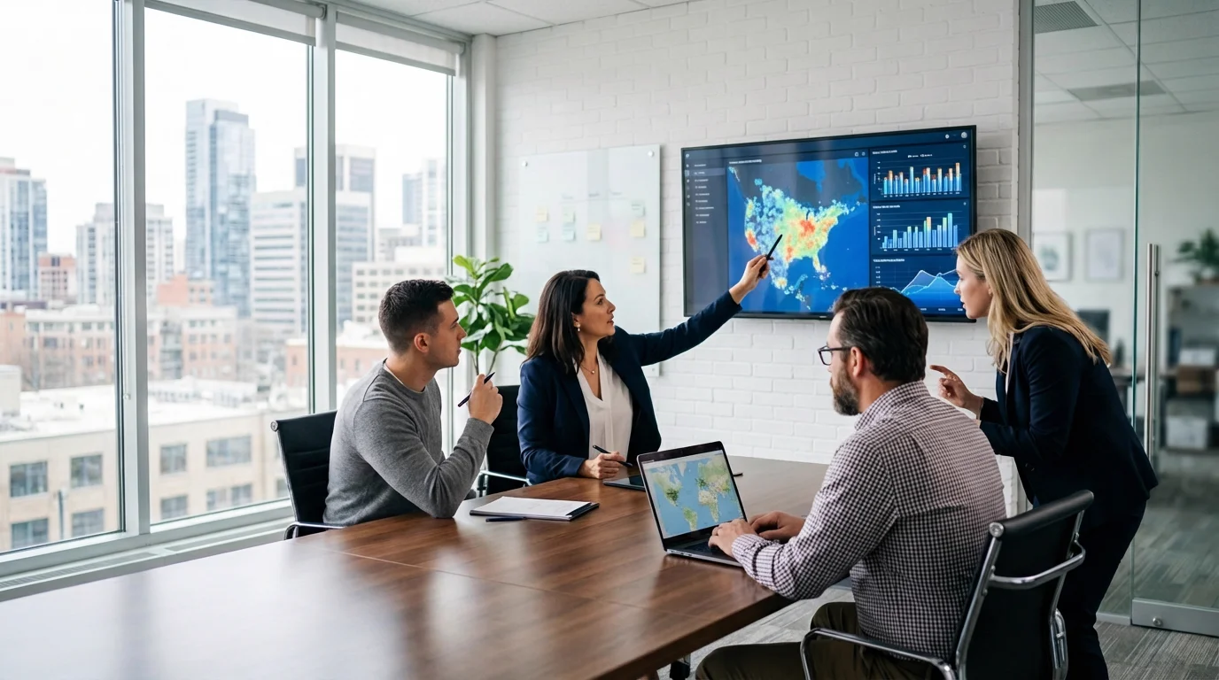 Small business owner using an AI site selection tool to research a new retail location