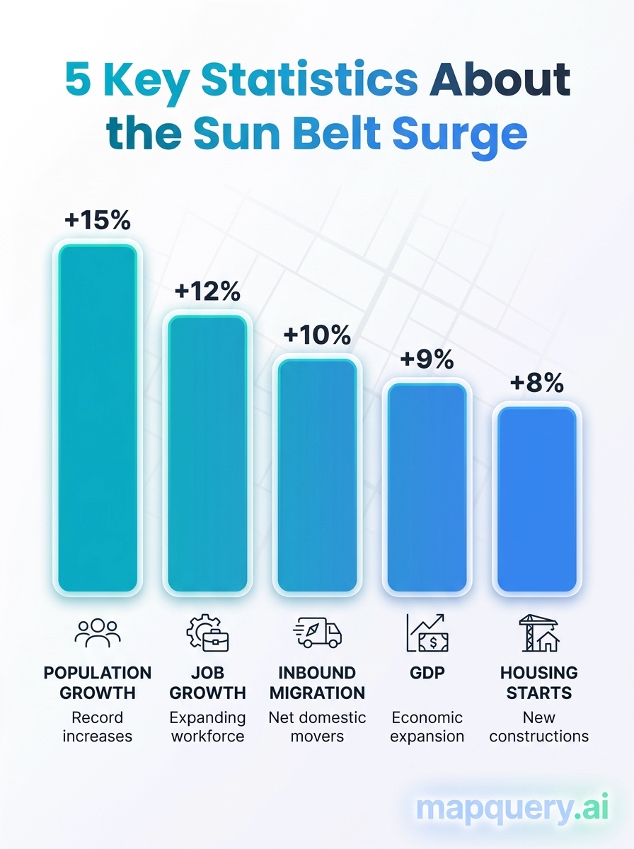 Infographic showing 5 key statistics illustrating the Sunbelt Surge and Southern U.S. dominance in population and economic growth